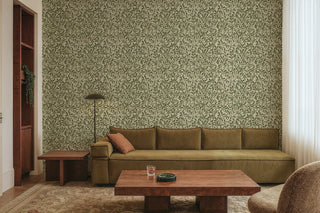 Mitchell Black Patterned Garden Leaf and Pod Wallpaper living room in shade Taupe Green at Say Decor