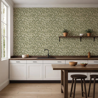 Mitchell Black Patterned Garden Leaf and Pod Wallpaper kitchen in shade Taupe Green at Say Decor