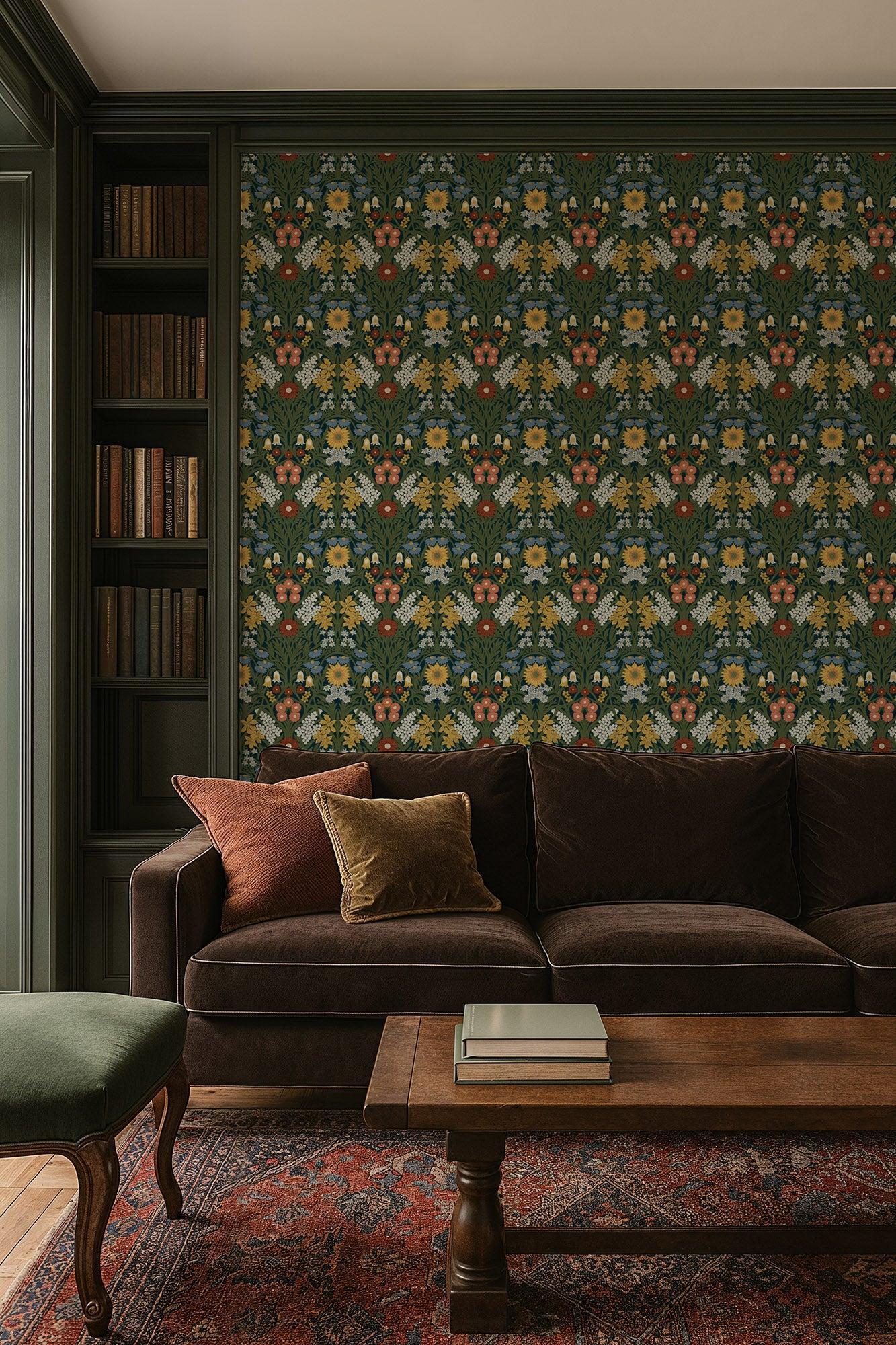 Mitchell Black Wild Meadow Floral Wallpaper Living Room in shade Craftsman at Say Decor