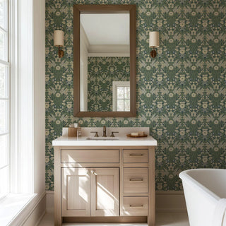Mitchell Black Wild Meadow Floral Wallpaper Bathroom in shade Moonlit Green at Say Decor