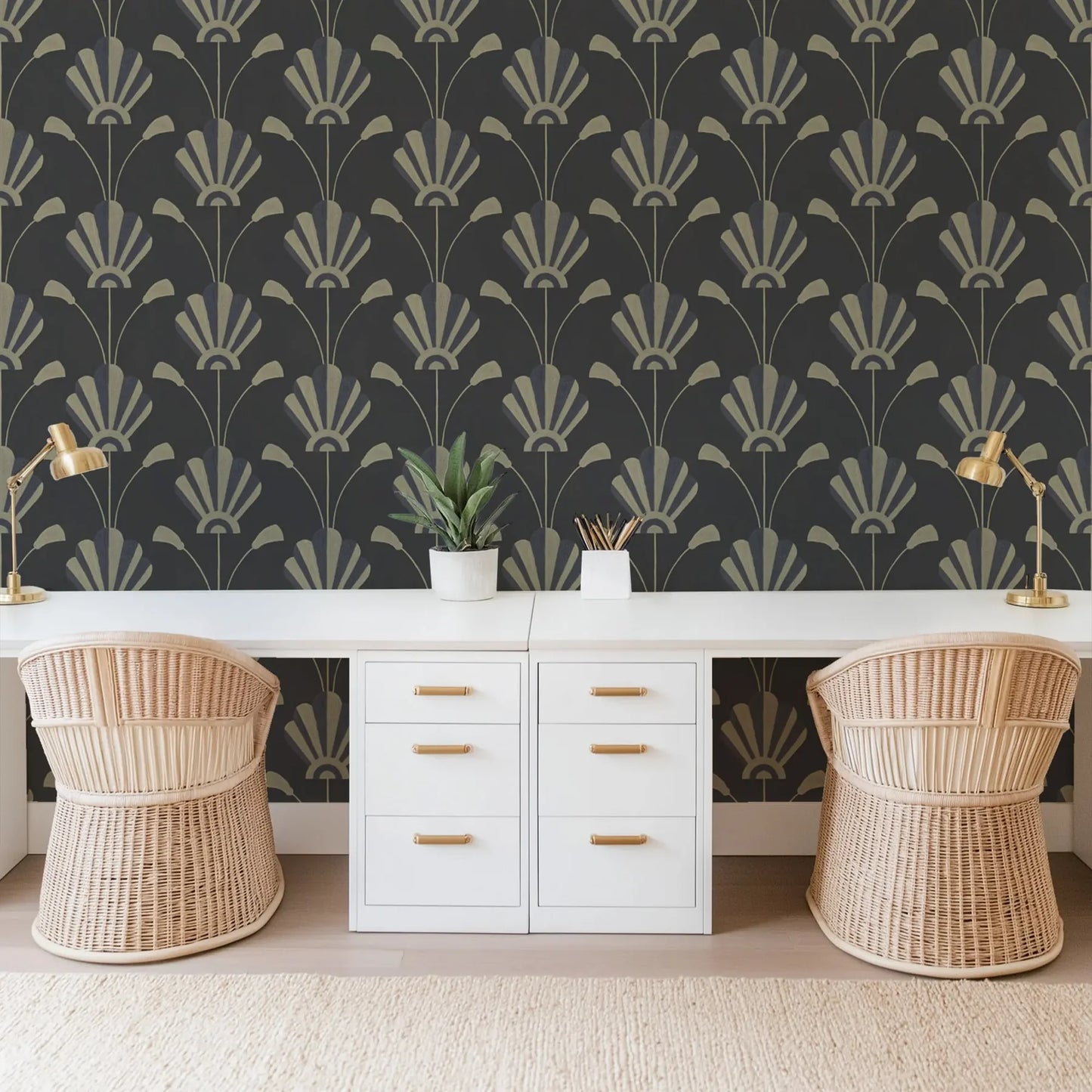 Mitchell Black South Beach Deco Fanflower Wallpaper Office in shade Gold Night at Say Decor