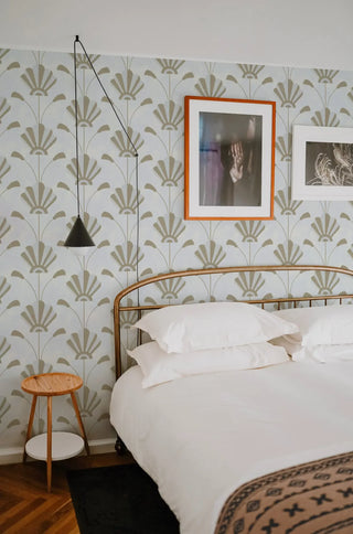 Mitchell Black South Beach Deco Fanflower Wallpaper Bedroom in shade Powder Blue Gold at Say Decor