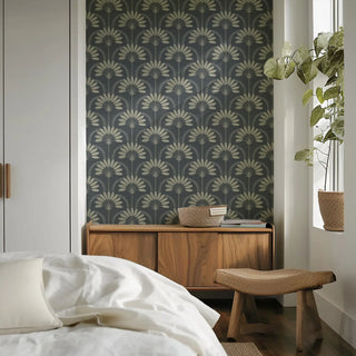 Mitchell Black South Beach Deco Palm Arches Wallpaper Bedroom in shade Gold Night at Say Decor