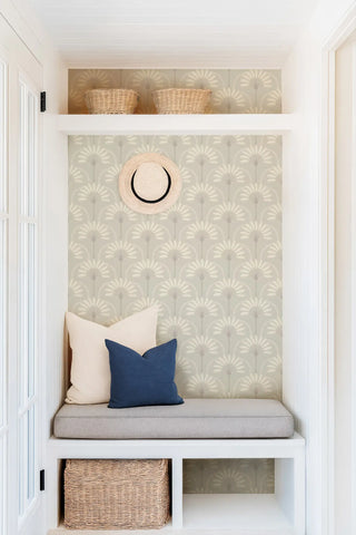 Mitchell Black South Beach Deco Palm Arches Wallpaper Entryway in shade Linen at Say Decor