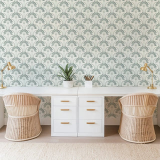 Mitchell Black South Beach Deco Palm Arches Wallpaper Office in shade Neutral at Say Decor