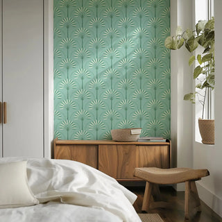 Mitchell Black South Beach Deco Palm Arches Wallpaper Bedroom in shade Tropical Teal at Say Decor