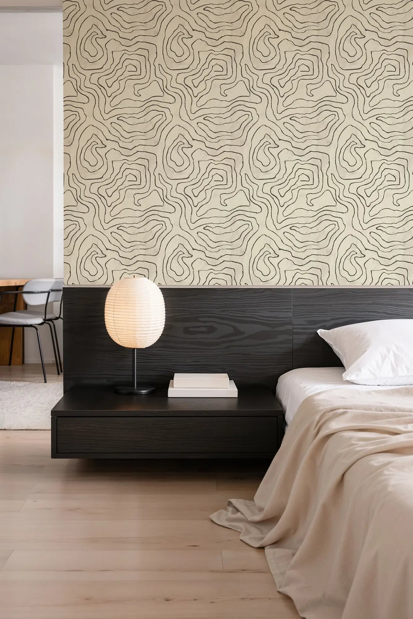 Mitchell Black Paper Abstraction Elevation Wallpaper Bedroom in shade Linen at Say Decor