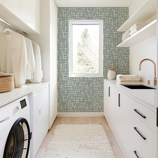 Mitchell Black Paper Abstraction Net Wallpaper laundry room in shade Mineral Blue at Say Decor