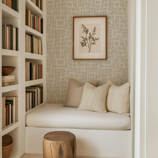 Mitchell Black Paper Abstraction Net Wallpaper reading nook in shade Shell at Say Decor