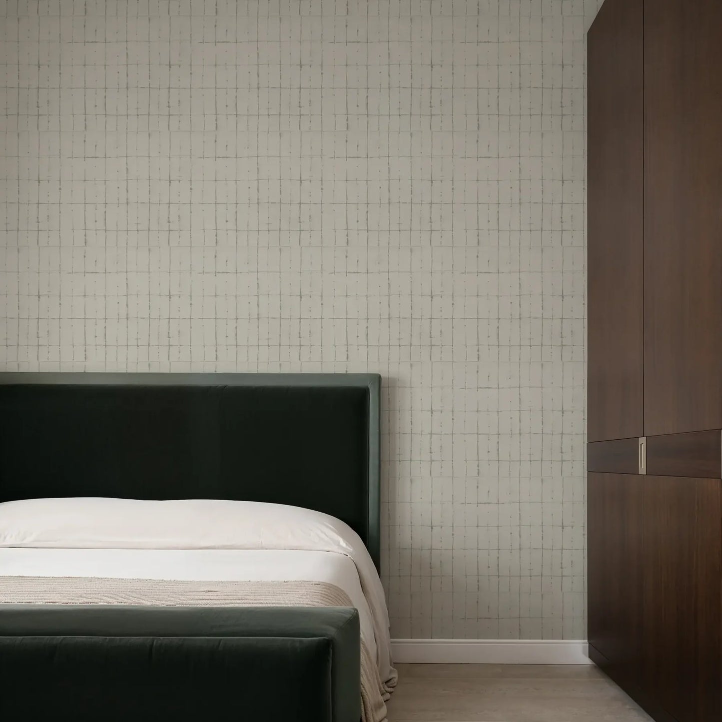 Mitchell Black Paper Abstraction Wash Grid Wallpaper bedroom in shade Driftwood at Say Decor