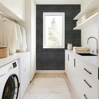 Mitchell Black Paper Abstraction Wash Grid Wallpaper laundry room in shade Indigo at Say Decor