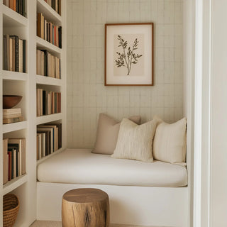 Mitchell Black Paper Abstraction Wash Grid Wallpaper Reading Nook in shade Shell Tint at Say Decor