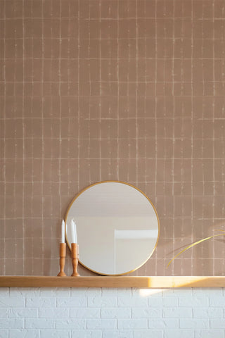 Mitchell Black Paper Abstraction Wash Grid Wallpaper Living Room in shade Terracotta at Say Decor