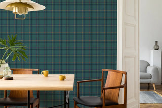 Mitchell Black Heritage Ashcroft Tartan Plaid Wallpaper dining room in shade Blue Ridge at Say Decor