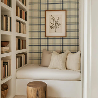 Mitchell Black Heritage Ashcroft Tartan Plaid Wallpaper reading nook in shade Oxford Blue at Say Decor