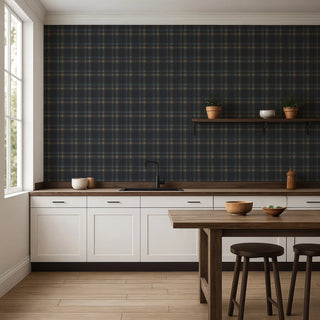 Mitchell Black Heritage Ashcroft Tartan Plaid Wallpaper kitchen in shade Onyx at Say Decor