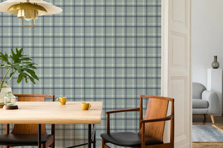 Mitchell Black Heritage Ashcroft Tartan Plaid Wallpaper dining room in shade Mineral Blue at Say Decor