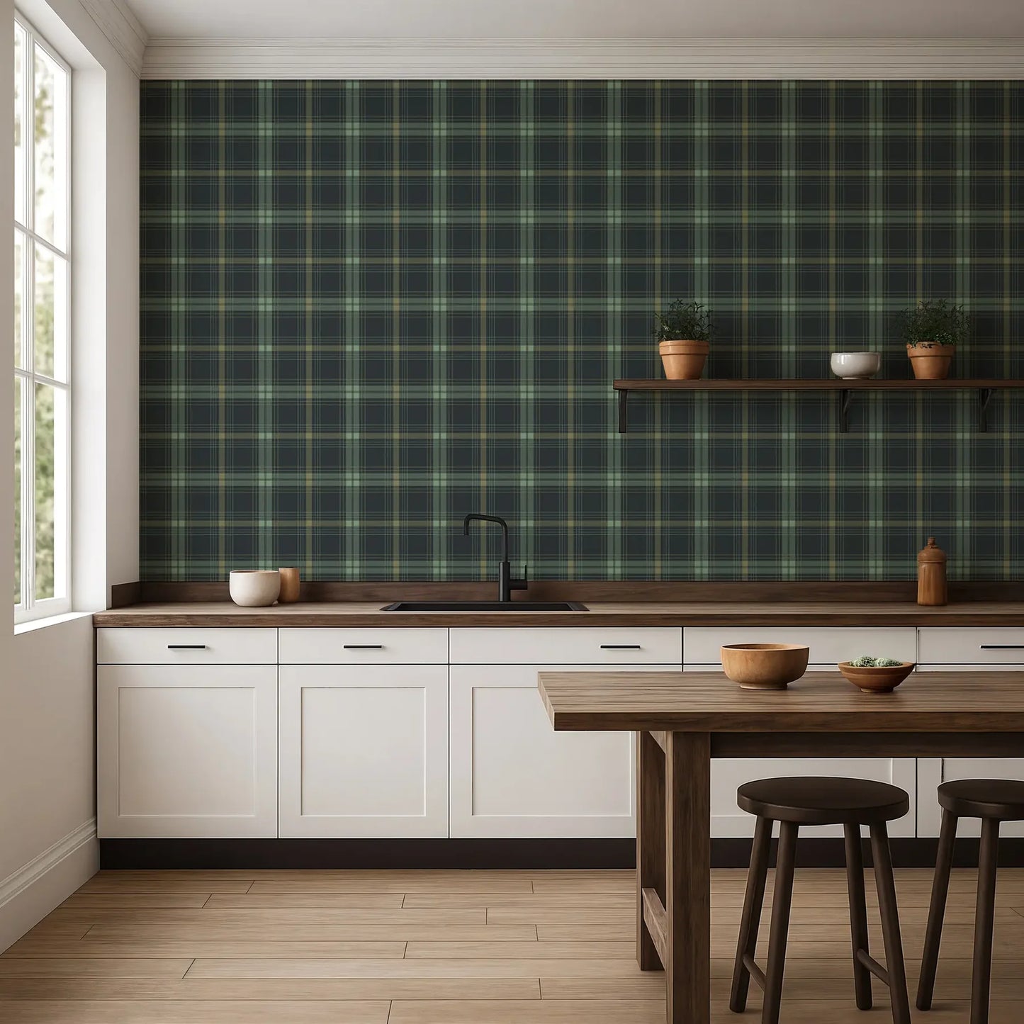 Mitchell Black Heritage Plaid English Check Wallpaper kitchen in shade Emerald at SAy Decor