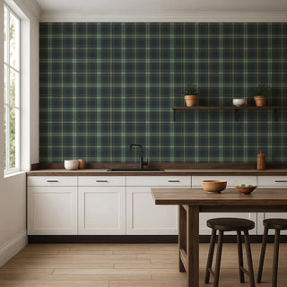 Mitchell Black Heritage Plaid English Check Wallpaper kitchen in shade Emerald at SAy Decor