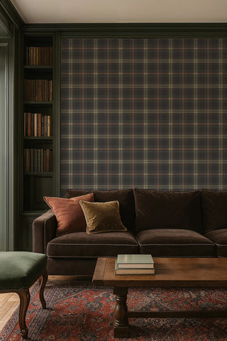 Mitchell Black Heritage Plaid English Check Wallpaper Living Room in shade Mahogany at Say Decor