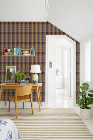 Mitchell Black Heritage Plaid London Check Wallpaper bedroom in shade Apricot at Say Decor