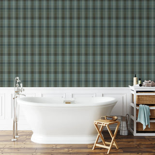 Mitchell Black Heritage Plaid London Check Wallpaper bathroom in shade Blue Green at Say Decor