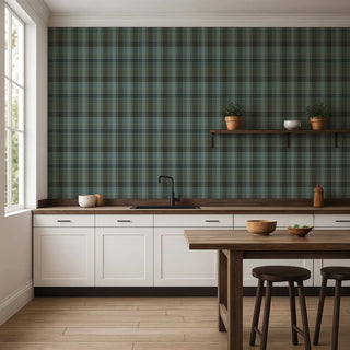 Mitchell Black Heritage Plaid London Check Wallpaper kitchen in shade Blue Green at Say Decor