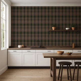Mitchell Black Heritage Plaid London Check Wallpaper kitchen in shade Umber at Say Decor