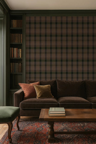 Mitchell Black Heritage Plaid London Check Wallpaper living room  in shade Umber at Say Decor