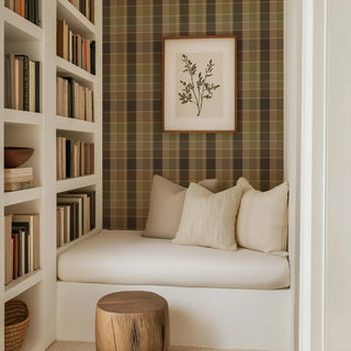 Mitchell Black Heritage Plaid London Check Wallpaper living room in shade Ochre at Say Decor