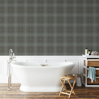 Mitchell Black Heritage Plaid Mariners Grid Wallpaper bathroom in shade Ash Blue Cocoa at Say Decor