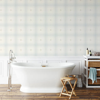 Mitchell Black Heritage Plaid Mariners Grid Wallpaper bathroom in shade Bluebird at Say Decor