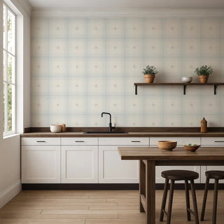Mitchell Black Heritage Plaid Mariners Grid Wallpaper kitchen in shade Bluebird at Say Decor