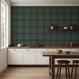 Mitchell Black Heritage Plaid Mariners Grid Wallpaper kitchen in shade Forest Green at Say Decor