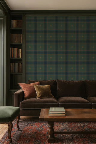 Mitchell Black Heritage Plaid Mariners Grid Wallpaper living room in shade Forest Green at Say Decor