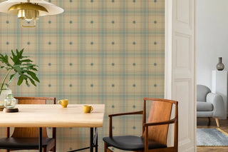 Mitchell Black Heritage Plaid Mariners Grid Wallpaper dining room in shade Golden Ochre at Say Decor