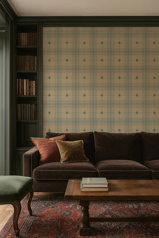 Mitchell Black Heritage Plaid Mariners Grid Wallpaper living room in shade Golden Ochre at Say Decor