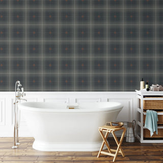 Mitchell Black Heritage Plaid Mariners Grid Wallpaper bathroom in shade Midnight at Say Decor