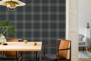 Mitchell Black Heritage Plaid Mariners Grid Wallpaper dining room in shade Midnight at Say Decor
