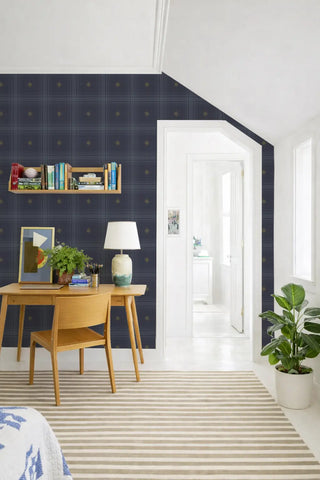 Mitchell Black Heritage Plaid Mariners Grid Wallpaper bedroom in shade Navy at Say Decor