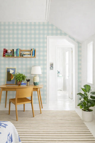 Mitchell Black Heritage Plaid Washed Gingham Wallpaper bedroom in shade Bluebird at Say Decor