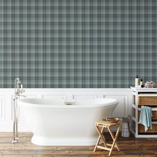 Mitchell Black Heritage Plaid Sawyer Check Wallpaper bathroom in shade Blue Slate at Say Decor