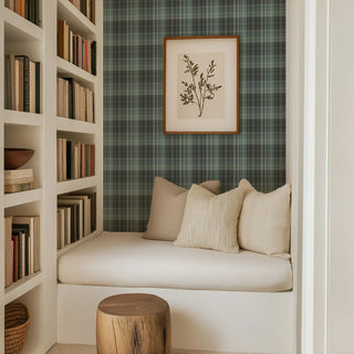 Mitchell Black Heritage Plaid Sawyer Check Wallpaper reading nook in shade Blue Slate at Say Decor