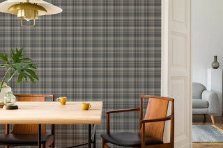 Mitchell Black Heritage Plaid Sawyer Check Wallpaper dining room in shade Stone Gray at Say Decor