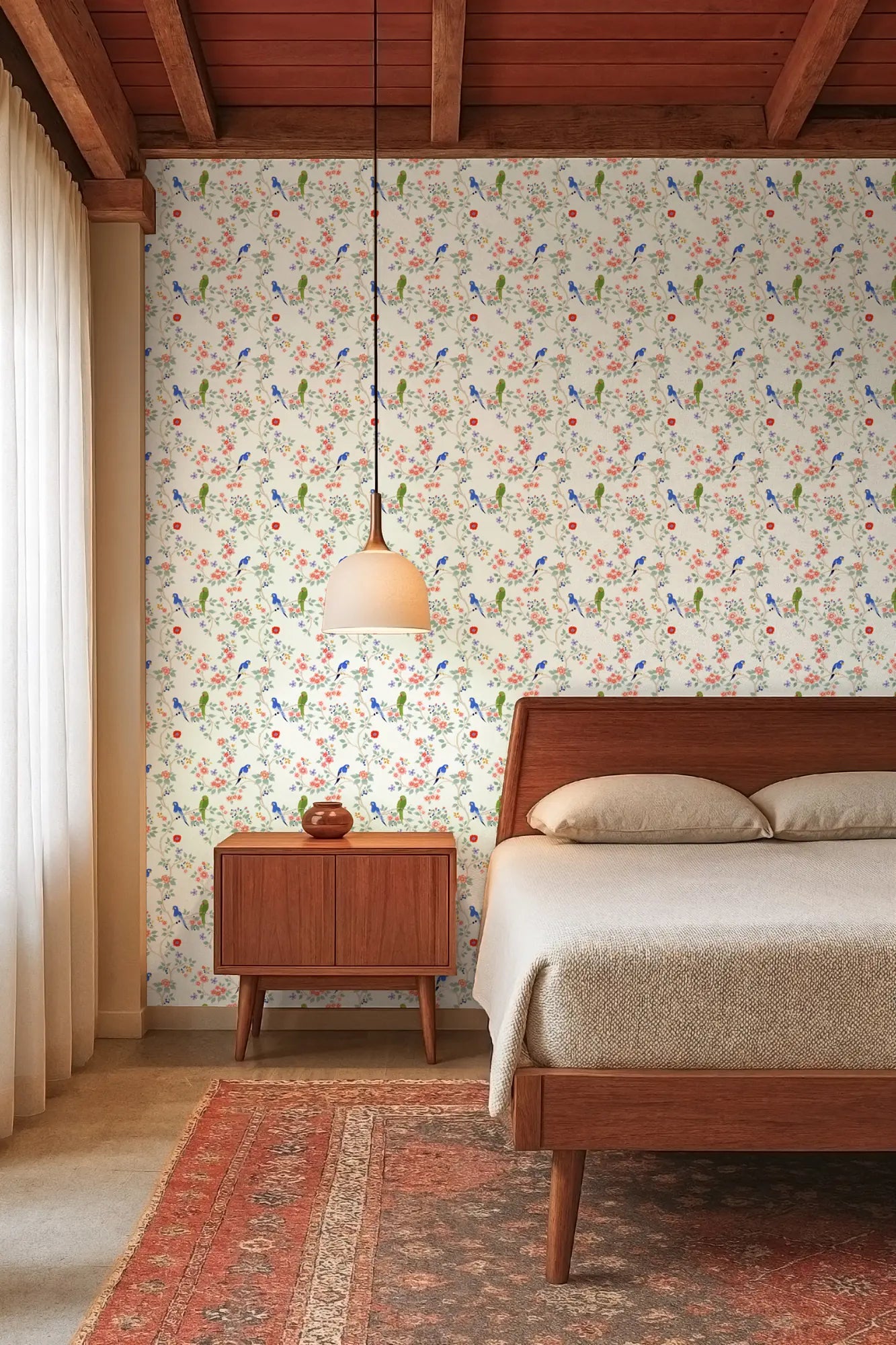 Mitchell Black Blossom Perch Chinoiserie Wallpaper bedroom in shade Antique Blue at Say Decor