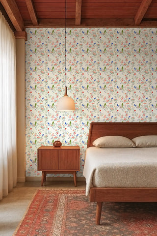Mitchell Black Blossom Perch Chinoiserie Wallpaper bedroom in shade Antique Blue at Say Decor
