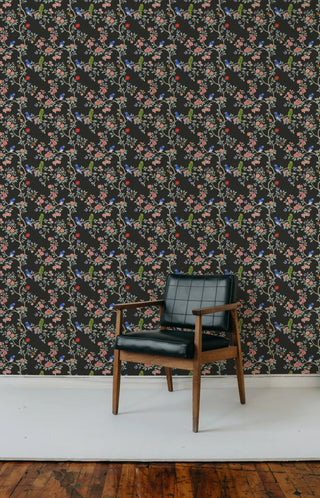 Mitchell Black Blossom Perch Chinoiserie Wallpaper living room in shade Black at Say Decor