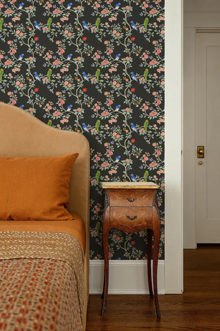 Mitchell Black Blossom Perch Chinoiserie Wallpaper decor in shade Black at Say Decor