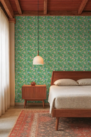 Mitchell Black Blossom Perch Chinoiserie Wallpaper bedroom in shade Green at Say Decor