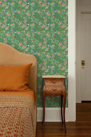 Mitchell Black Blossom Perch Chinoiserie Wallpaper decor in shade Green at Say Decor